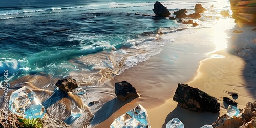 beach scene with crystal-clear blue waters gently lapping against a sandy shore. Several large rocks dot the shallow water near the beach