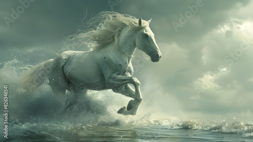 Majestic White Horse Galloping Through Stormy Waves and Skies