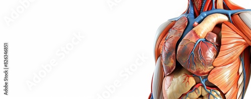 the female human heart and chest muscles in precise detail on a white backdrop