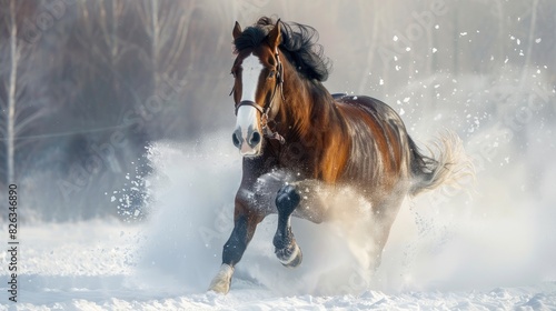 Trotting Clydesdale horse in wintry conditions