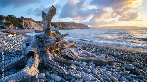Driftwood on rocky beach at sunset with cliffs and sea