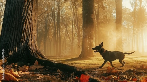  A dog runs through a forest on a foggy day, with sunlight filtering through the tree trunks and casting dappled shadows on the ground