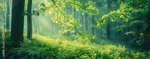 Beautiful view of the sunrise in spring green forest.
