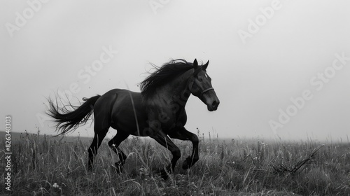 Friesian horse moving on grassland