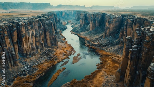 Aerial view of a remote, winding river carving through a deep, ancient canyon, sheer rock walls soaring above