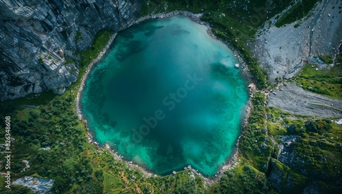 Awe-inspiring aerial perspective of a pristine, crystalline lake nestled in a glacial cirque