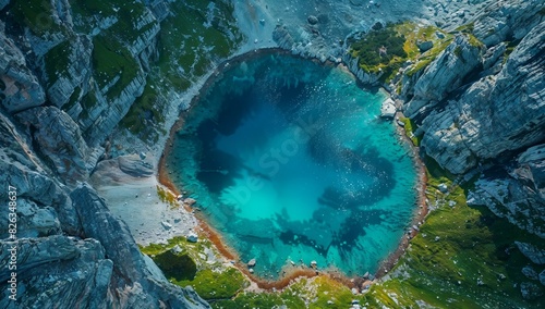 Awe-inspiring aerial perspective of a pristine, crystalline lake nestled in a glacial cirque
