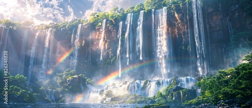 Majestic waterfall cascading over sheer cliffs, mist rising and rainbows arcing through the air