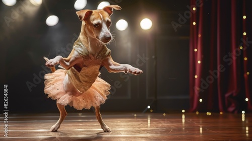 A dog dancing in a ballet costume, on a stage with spotlights, elegant style, high contrast