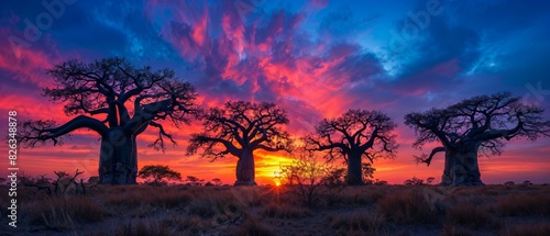 Majestic, ancient baobab trees silhouetted against a brilliant sunset, their gnarled trunks reaching skyward