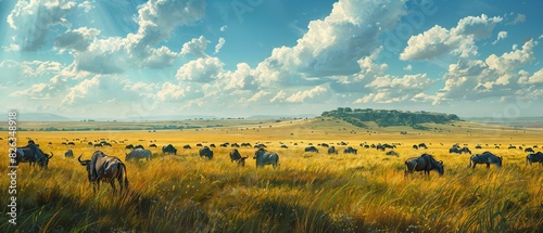 Panoramic vista of a vast, rolling grassland dotted with grazing herds of wildebeest and zebra