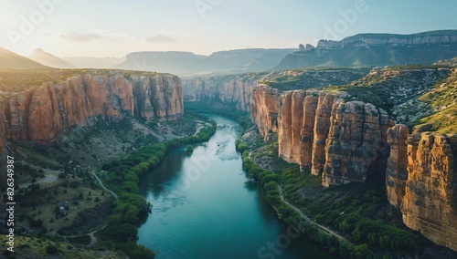 Aerial perspective of an expansive, winding river cutting through a verdant canyon, sheer rock walls rising majestically