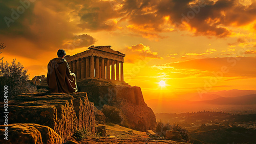 An ancient Greek philosopher at temple ruins in a reflective moment during sunset. Philosopher contemplating at sunset.