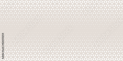 Vector halftone seamless pattern. Subtle beige and white texture with gradient transition effect. Elegant minimalist geometric background with floral shapes, leaves, mesh. Abstract repeat geo design