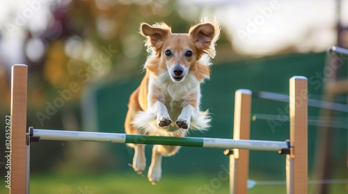 A dog jumping over an agility hurdle, with the background softly blurred for copy space, photorealistic, sharp focus