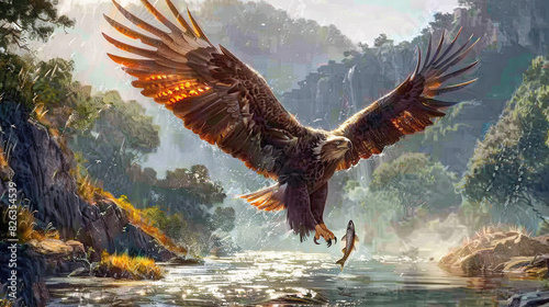  An eagle flies over a river with a fish in its talon against a mountainous backdrop
