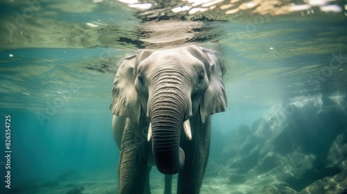 A serene underwater photograph capturing an elephant swimming in clear waters