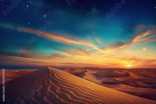 Sundown in the desert with sand dunes and sunset sky