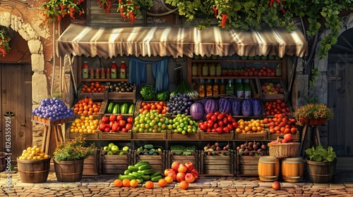 stand de vendeur de fruits et lÃ©gumes sur un marchÃ© - fond 