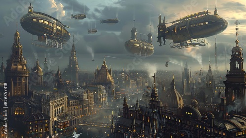 Steampunk city with airships and Victorian architecture 