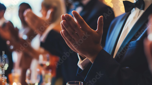 Well-dressed individuals applauding at a sophisticated evening event or formal gathering