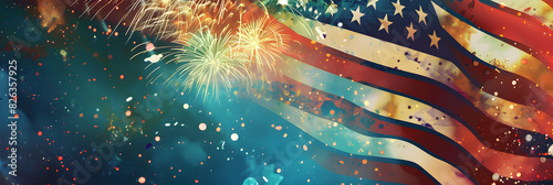 A colorful American flag with fireworks in the background