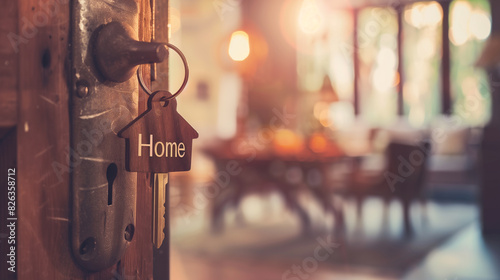 House key with home inscription in door lock and cozy living room background