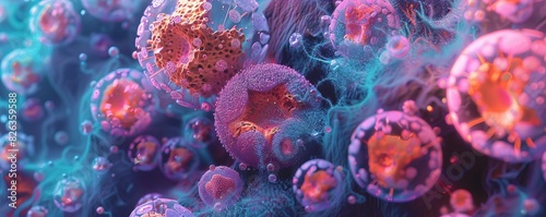 A futuristic depiction of intestinal cells in neon colors, inspired by Y2K aesthetics, highlighting intricate details across micro and macro scales for advanced medical education