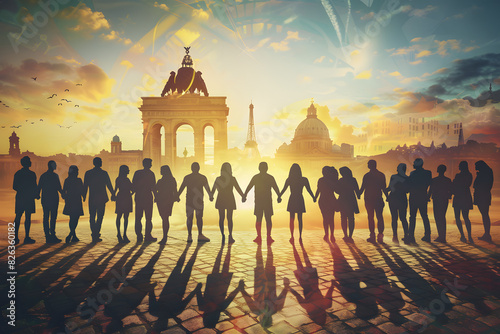 A group of people are holding hands in a line, Unity concept.