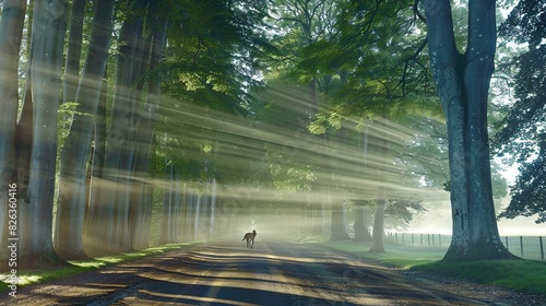  A dog strolls through a dense forest, bathed in sunbeams filtering through the trees