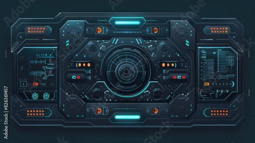 2D flat illustration, top view of a black screen with buttons and