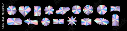 Silver sticker with hologram texture and gradient. Holograph label and sale tag shape. Flat vector illustration isolated on white background.