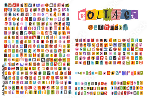 Alphabet collage of colorful cut out newspaper letters. Graffiti grunge style type font. Hand drawn alphabet .Handmade paper cut ransom note style font. Grunge punk clipped elements collection