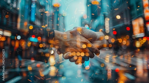 Close-up of a business owner's handshake with a client, overlaid with images of a thriving business environment to illustrate entrepreneurship