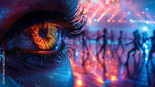 Close-up of a creative director's eye, reflected with scenes of dancers in motion and vibrant stage lights