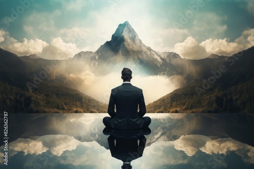A detailed conceptual image of a businessmans silhouette merged with a tranquil mountain landscape and a person meditating The double exposure photograph highlights themes of mindfulness, balance, and
