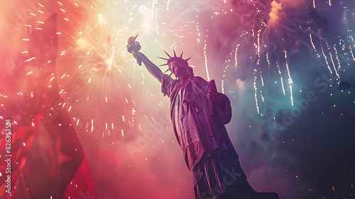 A statue of liberty is surrounded by fireworks, 4th of July. Freedom concept.