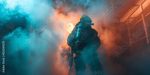 A firefighter in the smoke puts out a fire