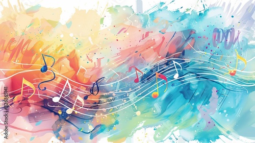 Abstract background with musical notes and waves, watercolor illustration
