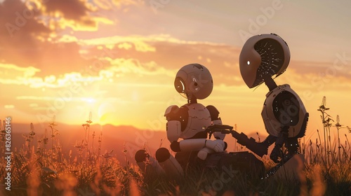 Heartfelt Scene of a Human and a Robot Sitting Side by Side, Watching a Sunset Together, Illustrating a Deep Emotional Bond and Connection Between Technology and Humanity.