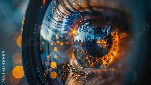 Close-up of a photographer's eye through a camera lens, double exposure with captured photos and light flares