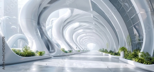 3D rendering, futuristic hightech industrial park with white and black metal accents and plants on the walls, curved lines, daylight,