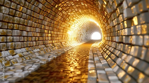 A 3D tunnel made of small square tiles. The tiles are mostly white with some yellow tiles mixed in 
