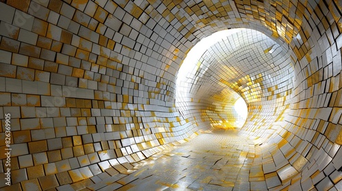 A 3D tunnel made of small square tiles. The tiles are mostly white with some yellow tiles mixed in 
