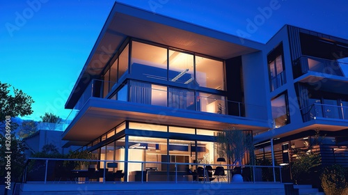A 3-story house with a modern design, made mostly of glass windows. There is a blue sky and it appears to be nighttime. 
