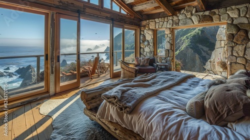 bedroom with a Big Sur coastal theme, featuring rugged wood furniture, stone accents, and expansive windows