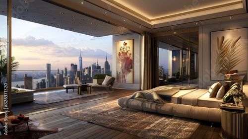 bedroom with a classic New York penthouse theme, featuring chic decor, a luxurious bed, and modern art