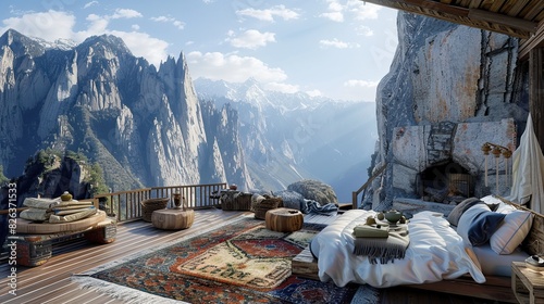 bedroom with a Himalayan retreat theme, featuring Tibetan rugs, a stone hearth, and rustic wood furniture