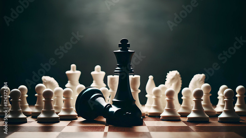 fallen black king chess piece surrounded by standing white pawns on the chessboard, dramatic moment, defeat concept