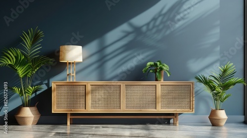 3D rendering of a mockup sideboard with a rattan cabinet and modern lamp on a concrete floor against a dark blue wall background. A wooden shelf stand holds plants